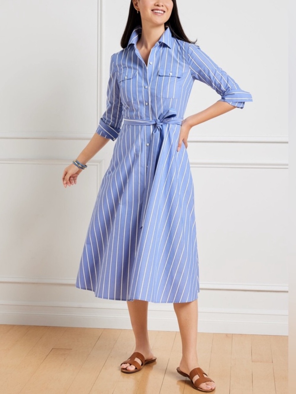 Talbots Blue and White Striped Button-Down Shirt Dress